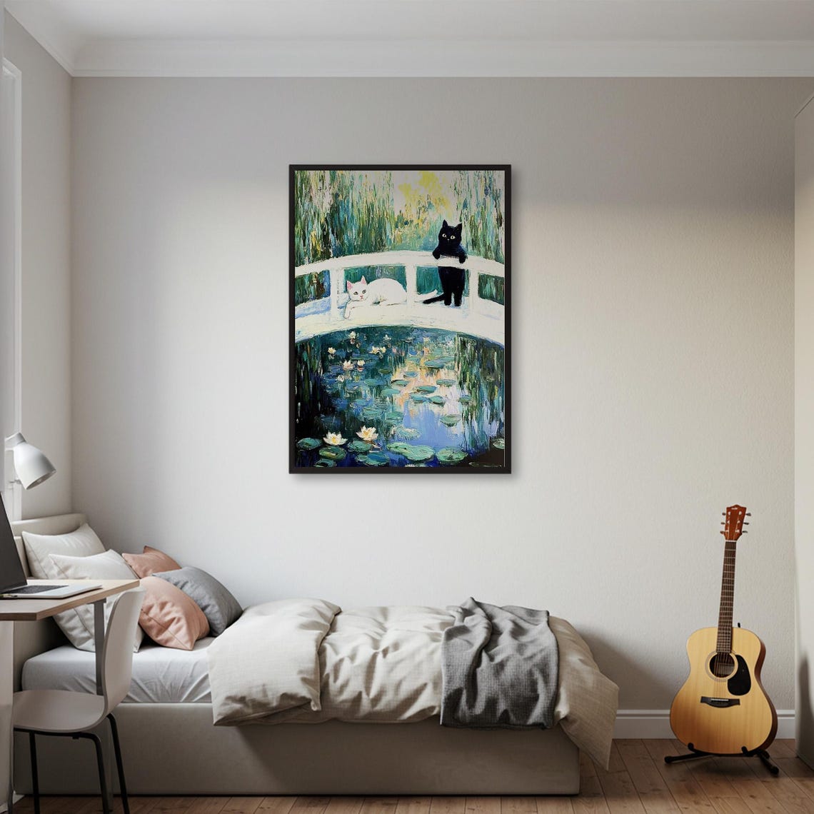 Monet Water Lilies Japanese Bridge Two Cats Impressionist Poster - Image 2