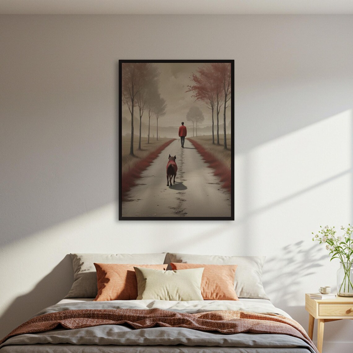 Man Walking Dog Autumn Road Misty Serene Landscape Painting Poster