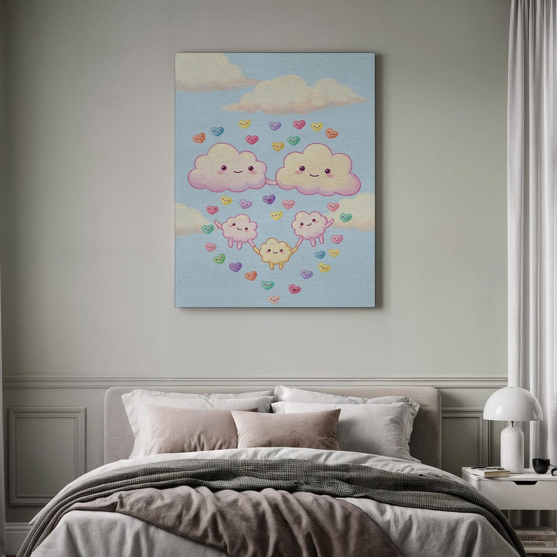 Cute Kawaii Smiling Clouds and Hearts Pastel Nursery Happy Art Poster