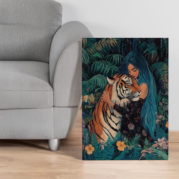 Tiger And Woman Canvas Wall Art With Frame Options Mystical Jungle Hug Scene Feminine Strength Nature Print Boho Animal Decor