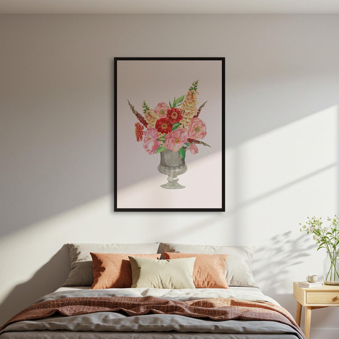 Watercolor Peony Still Life Floral Bouquet Gray Vase Elegant Poster