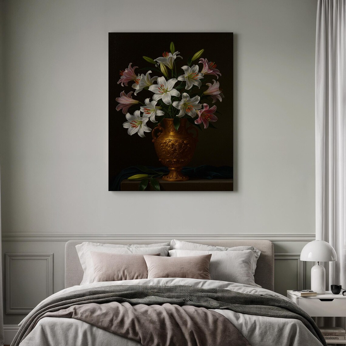 White Pink Lilies in Gold Vase Moody Floral Still Life Poster - Image 4