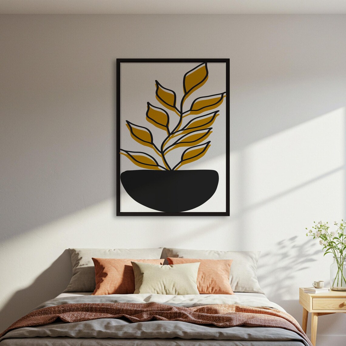 Minimalist Yellow Leaf Line Art, Modern Botanical