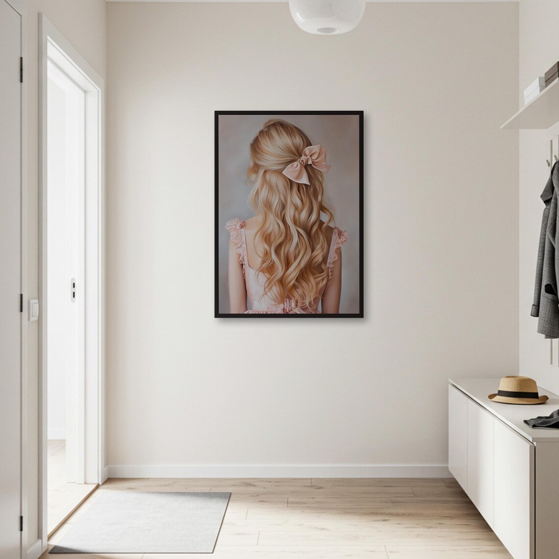 Blonde Hair With Pink Ribbon, Feminine Bedroom Decor - Image 2