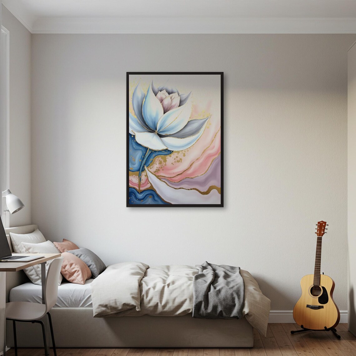 Blue Lotus Flower with Gold Accents on Pink Marble Floral Poster - Image 2
