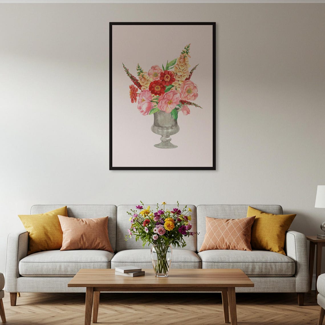 Watercolor Peony Still Life Floral Bouquet Gray Vase Elegant Poster - Image 2