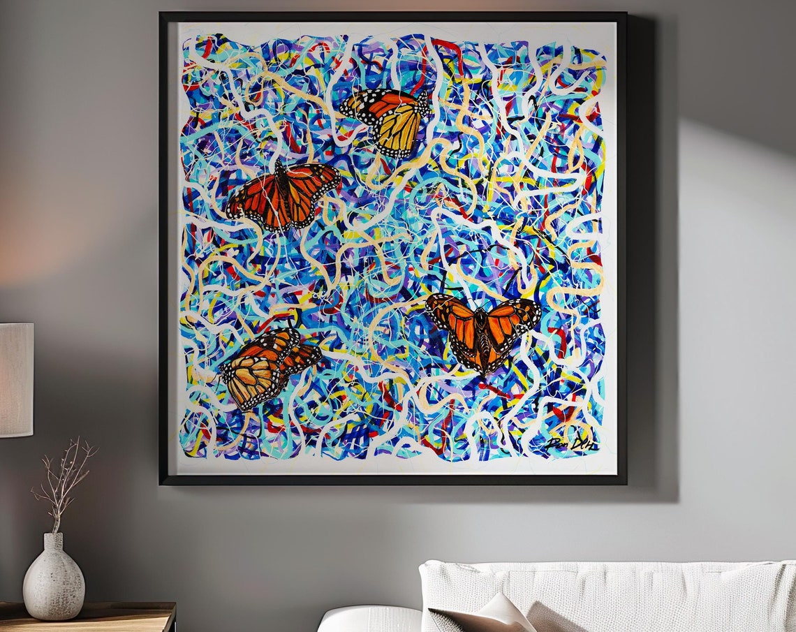 Abstract Butterflies Square Paper Art Print Modern Wall Art Decor Blue Lines Abstract Living Room Office Decor Modern Blue Wall Art