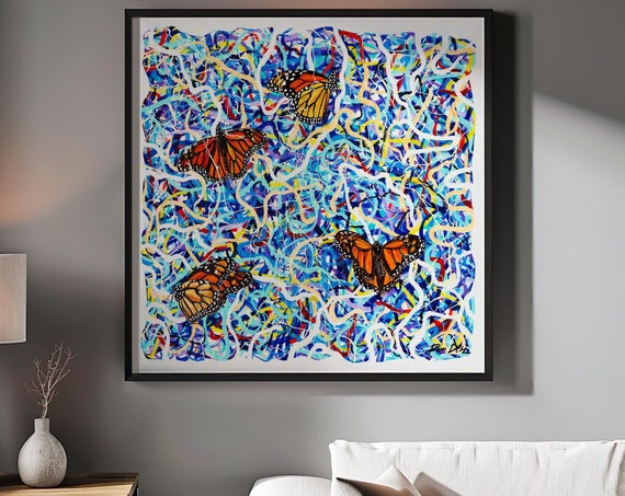 Abstract Butterflies Square Paper Art Print Modern Wall Art Decor Blue Lines Abstract Living Room Office Decor Modern Blue Wall Art