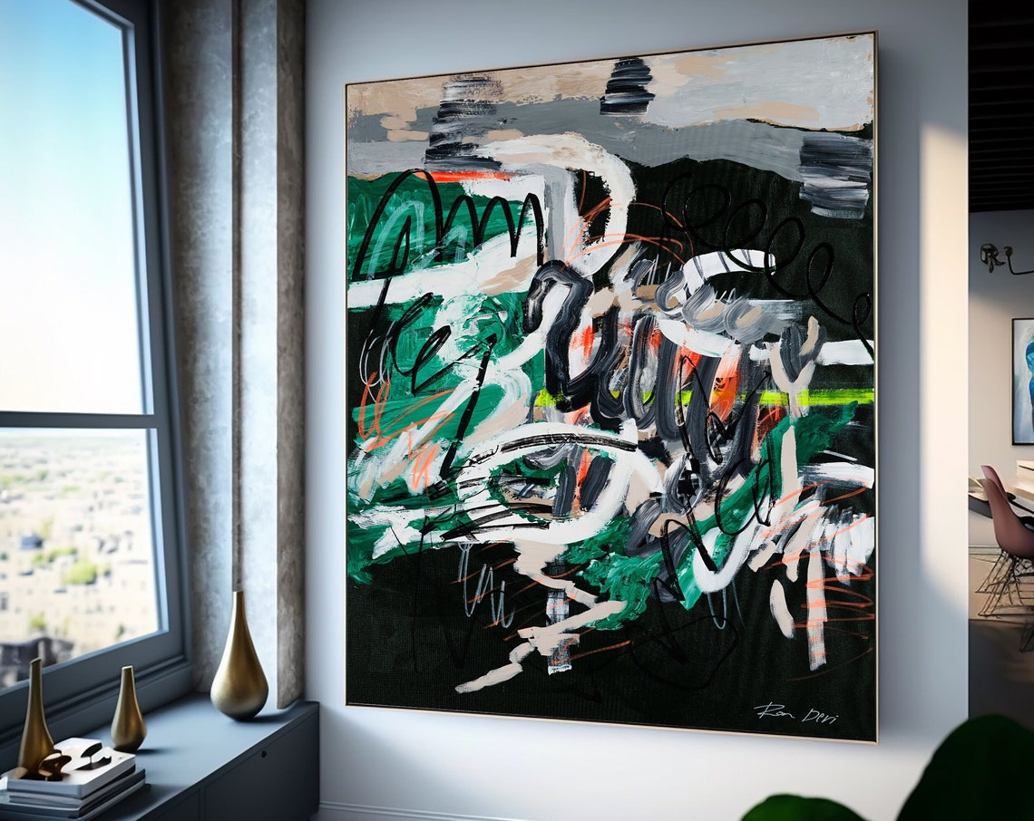 Dark Green Black And White Abstract Waves Painting By Ron Deri Poster - Image 4