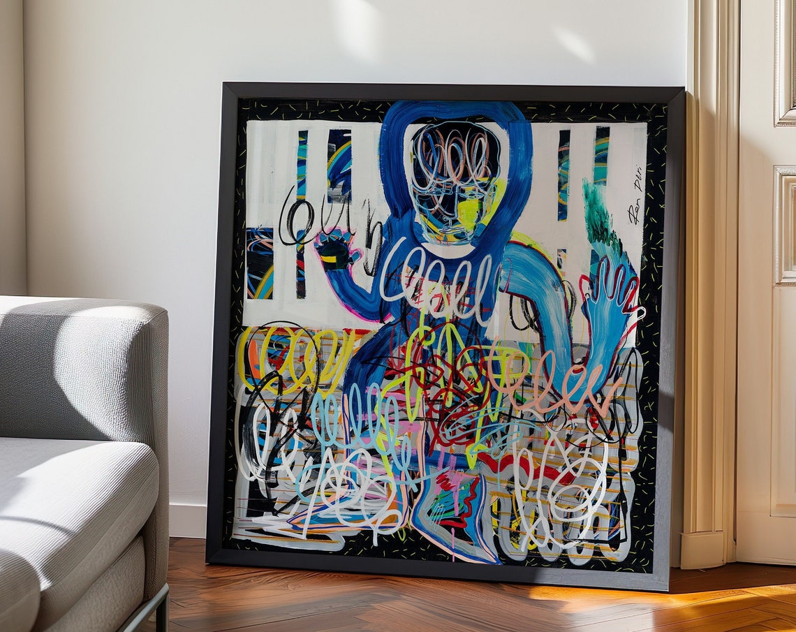 Blue Figure with Colorful Scribbles Framed Modern Abstract Poster - Image 5