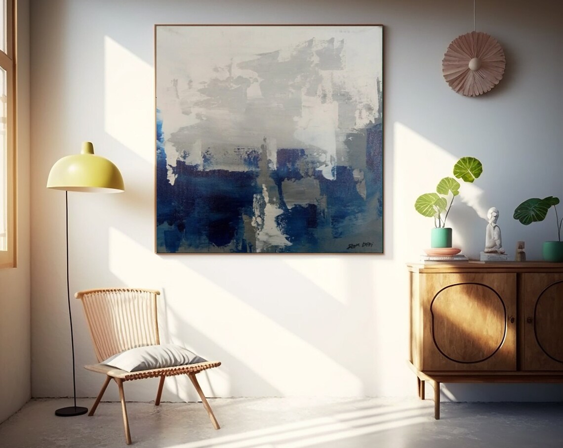 Blue Abstract Oil Painting, Gray Living Room Wall Art Print