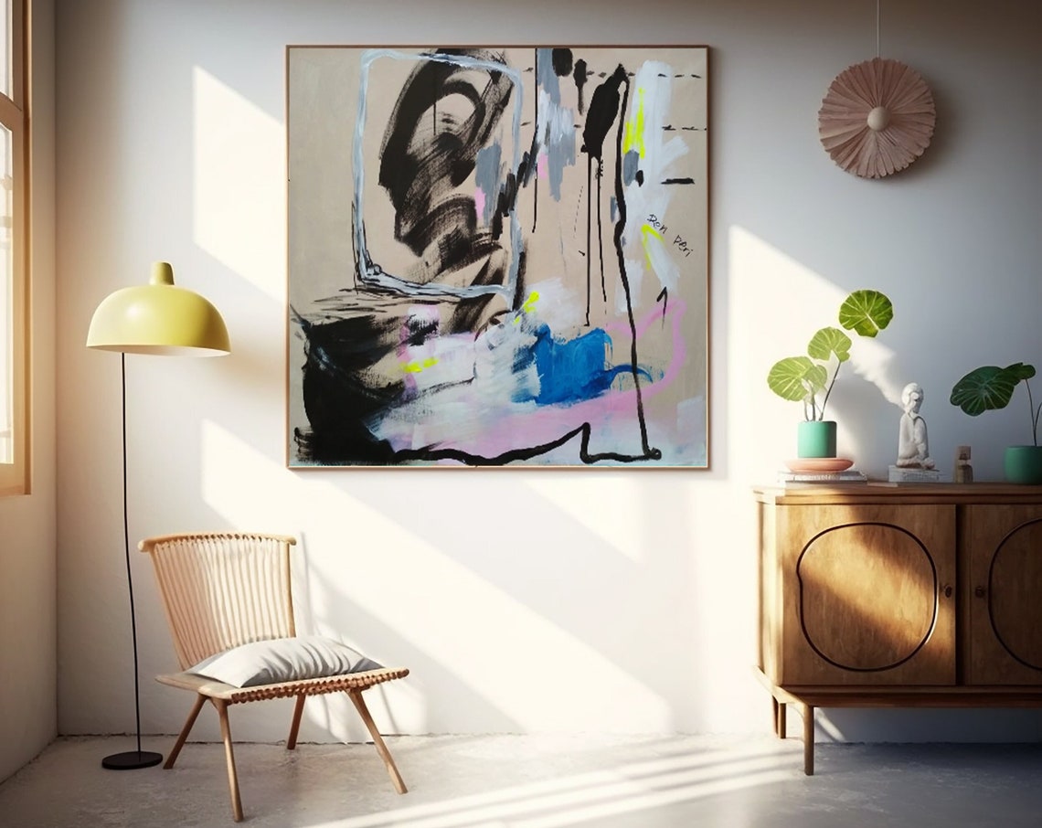 Neutral Beige With Blue Patch Neon Accent Abstract Art Poster
