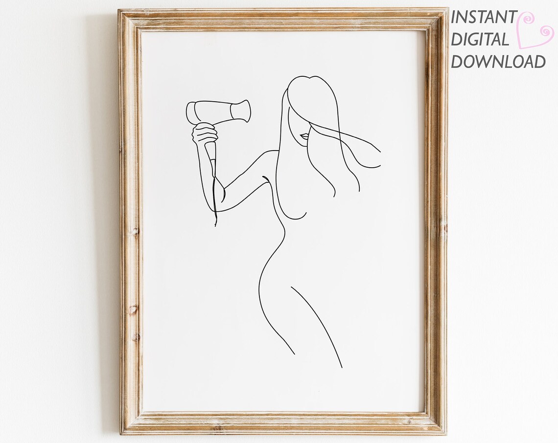 Woman Blow Drying Hair One Line Art Minimalist Bathroom Beauty Poster