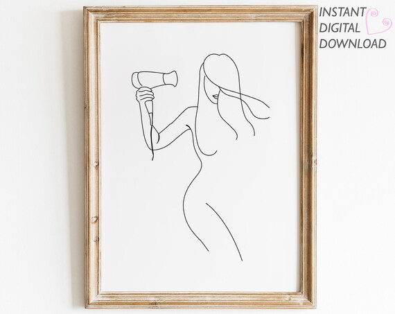 Woman Blow Drying Hair One Line Art Minimalist Bathroom Beauty Poster