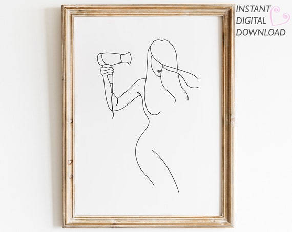 Woman Drying Hair Body Line Art Minimalist Bathroom Drawings Dressing Room