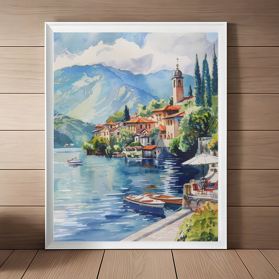 Lake Como Italy Watercolor Travel Poster, Lakeside Decor