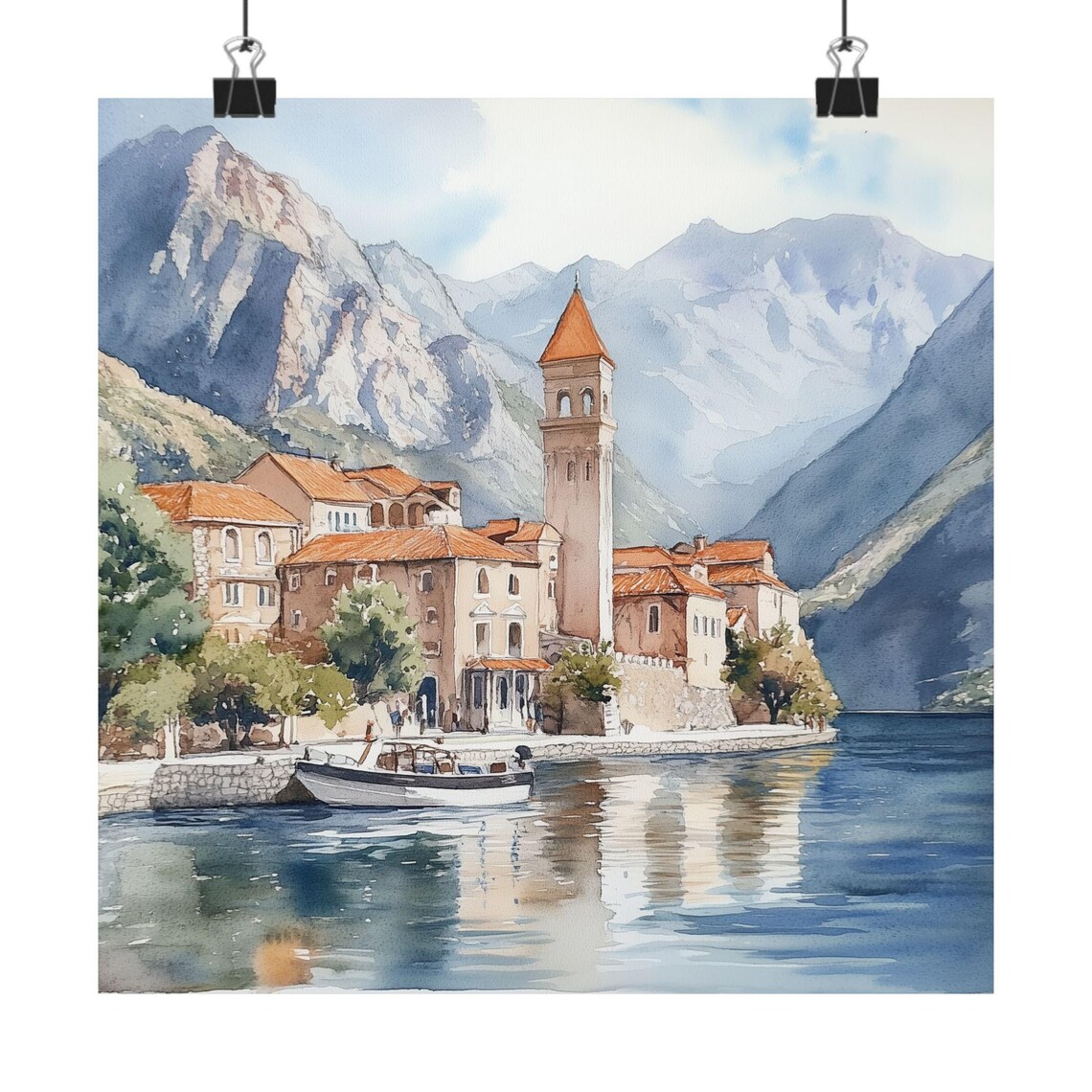 Kotor Montenegro Coastal Church Watercolor Print With Bay And Peaks