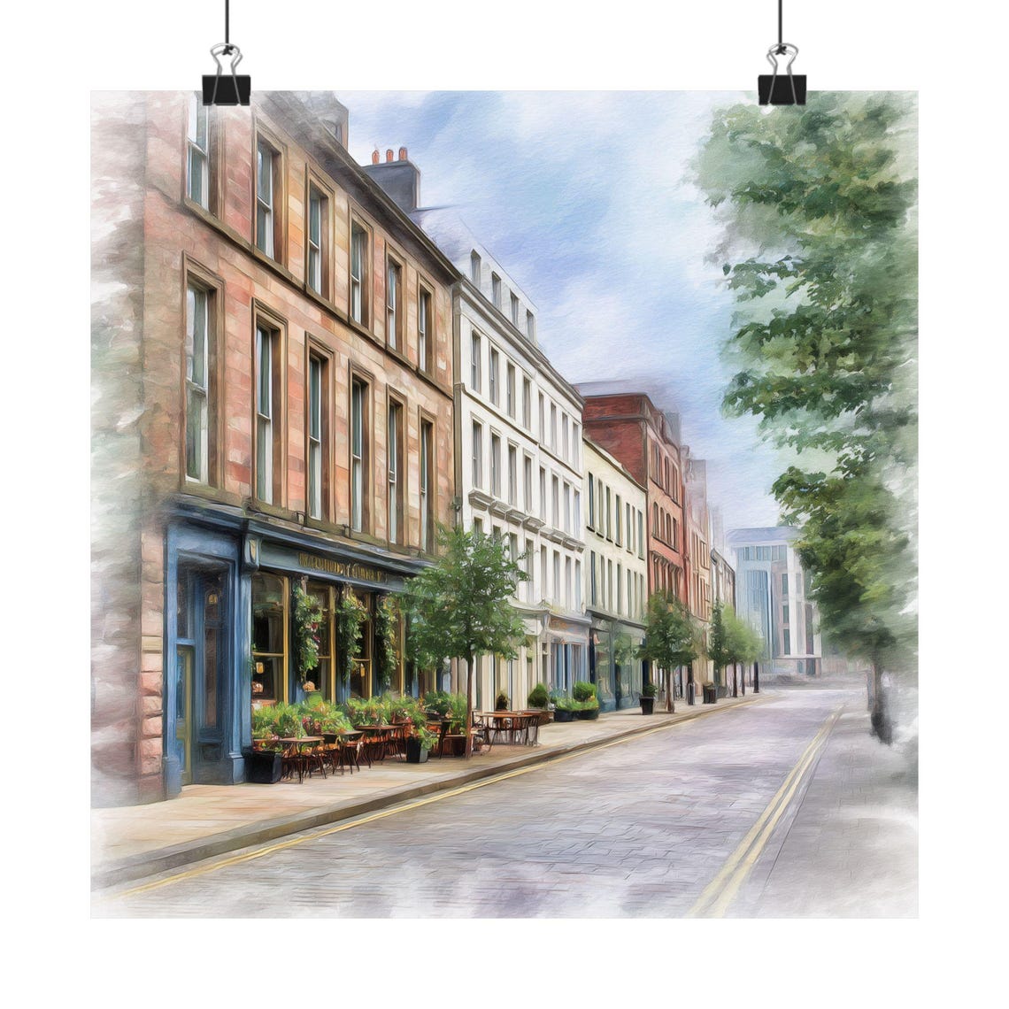 Glasgow Street With Blue Pub Watercolor Scotland Cityscape Poster