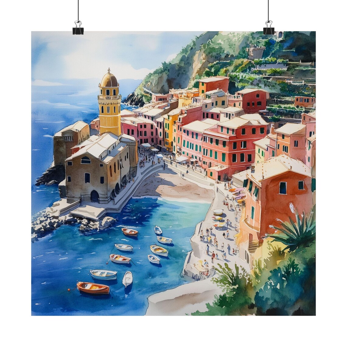 Vernazza Watercolor Travel Poster, Cinque Terre Italy