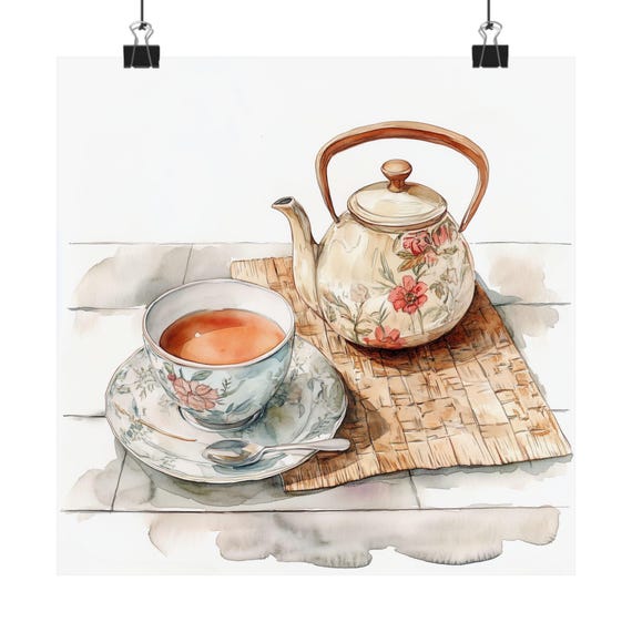 Chai Art Watercolor Painting Tea Cup Print India Travel Gift Kettle Kitchen Home Decor Restaurant Poster Delhi