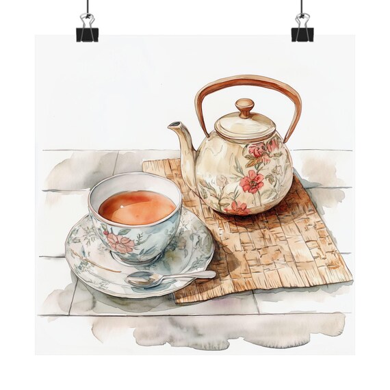 Floral Teapot Steaming Chai Cup Watercolor Kitchen Decor Poster