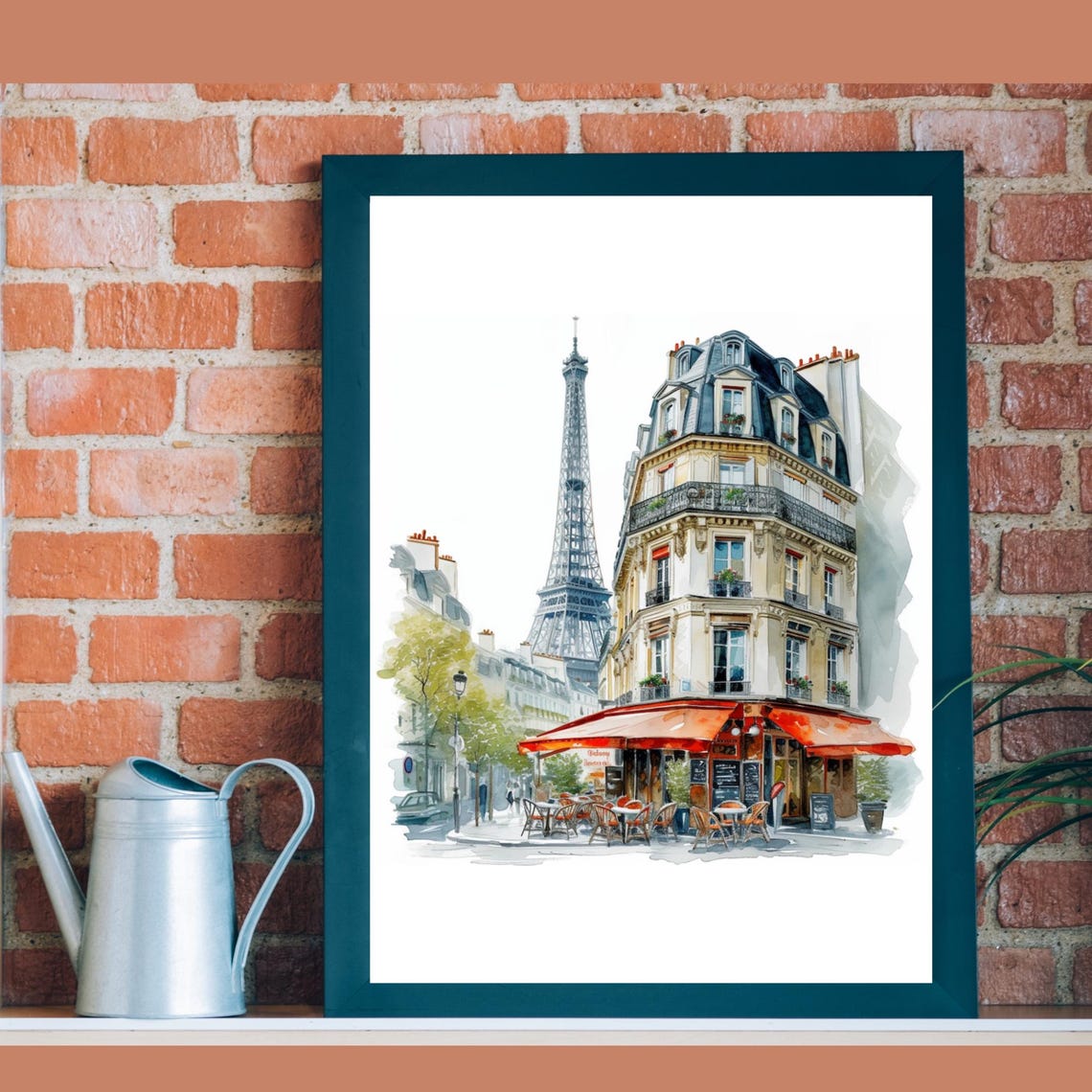 Paris Eiffel Tower Street Cafe Corner Scene Watercolor Travel Poster