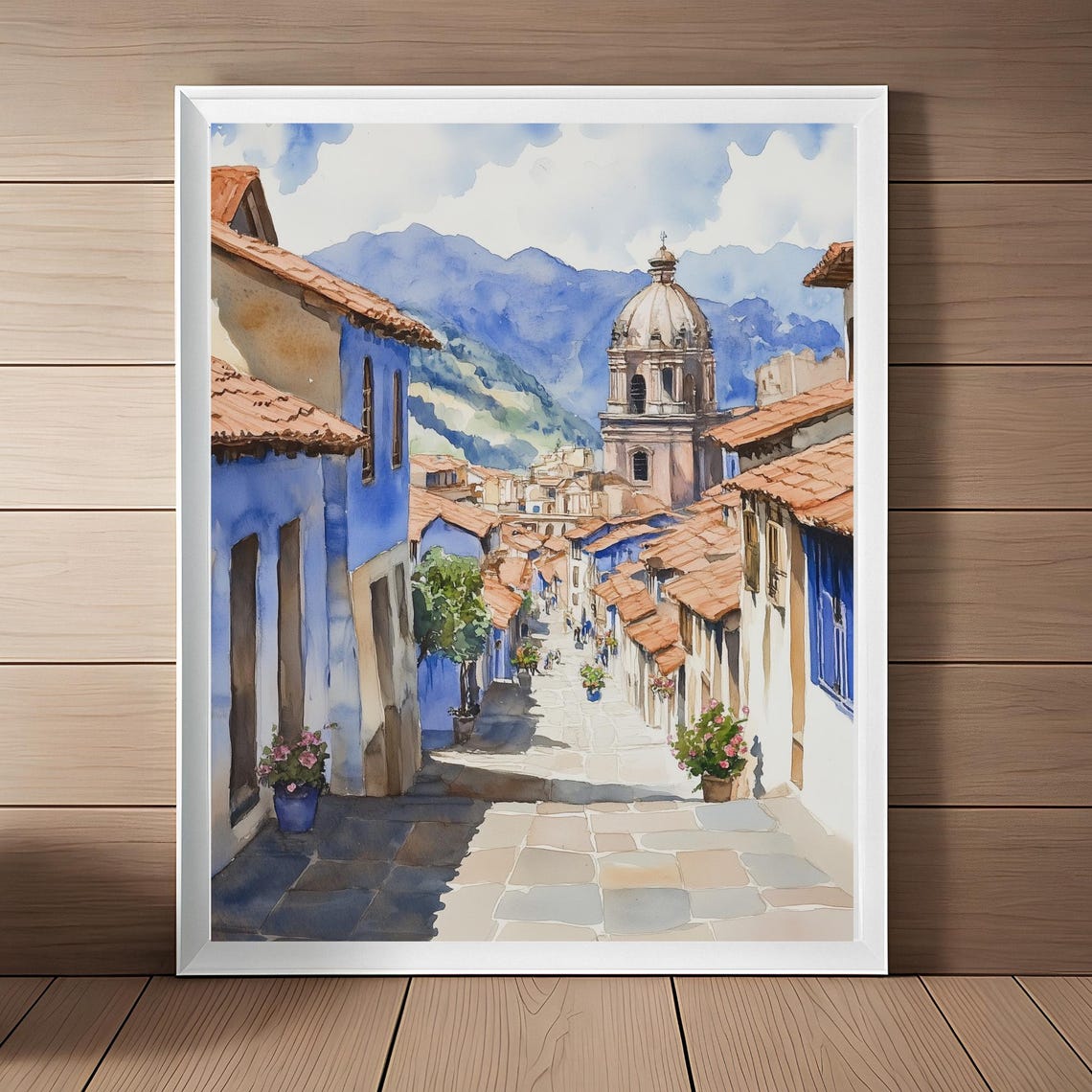 Cusco Peru Colonial Street Watercolor Cathedral Mountain Poster