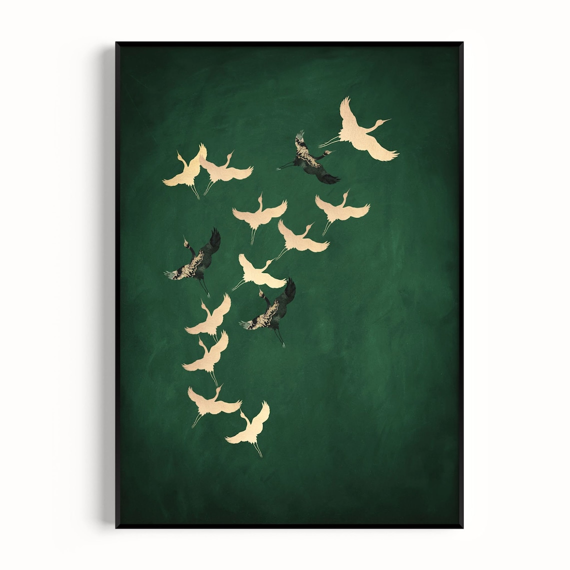Japanese Cranes Art Print, Emerald Green Maximalist Decor