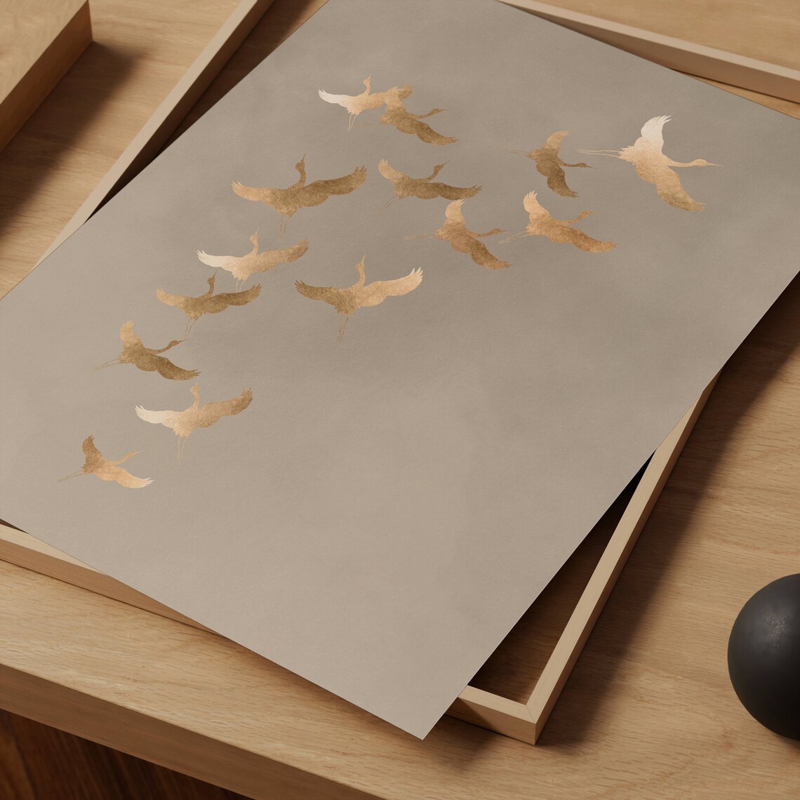 Japanese Cranes Beige And Gold Art Print - Image 3