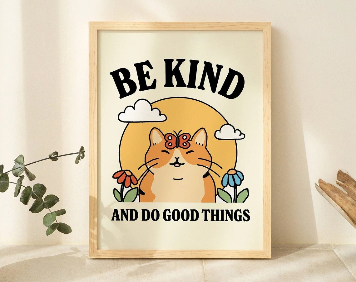 Framed Cat Illustration Wall Print Cute Kids Classroom Posters Cottagecore Nursery Decor Prints White Black Natural Wooden Metal Frame