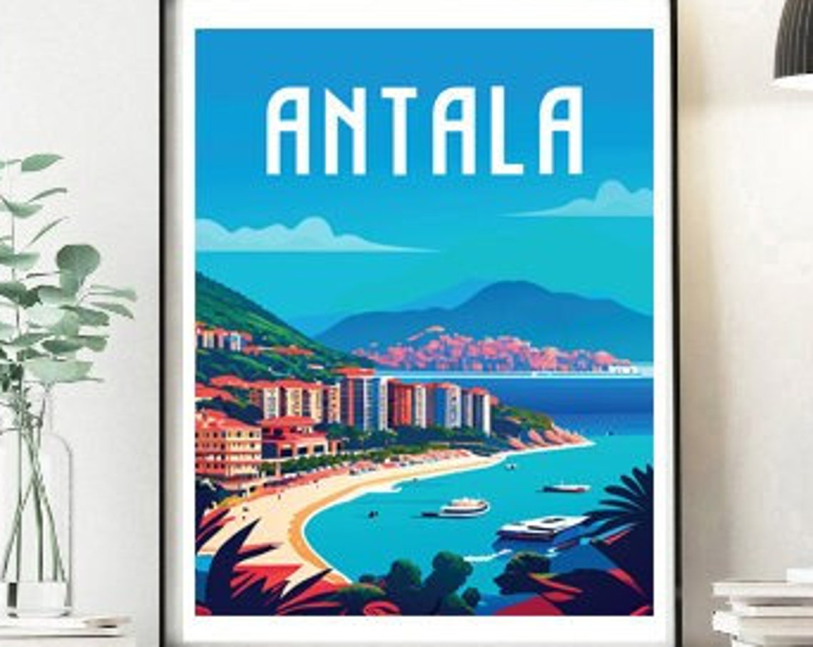 Antala Coastal City Red Roofs Beach Harbor Vintage Travel Poster