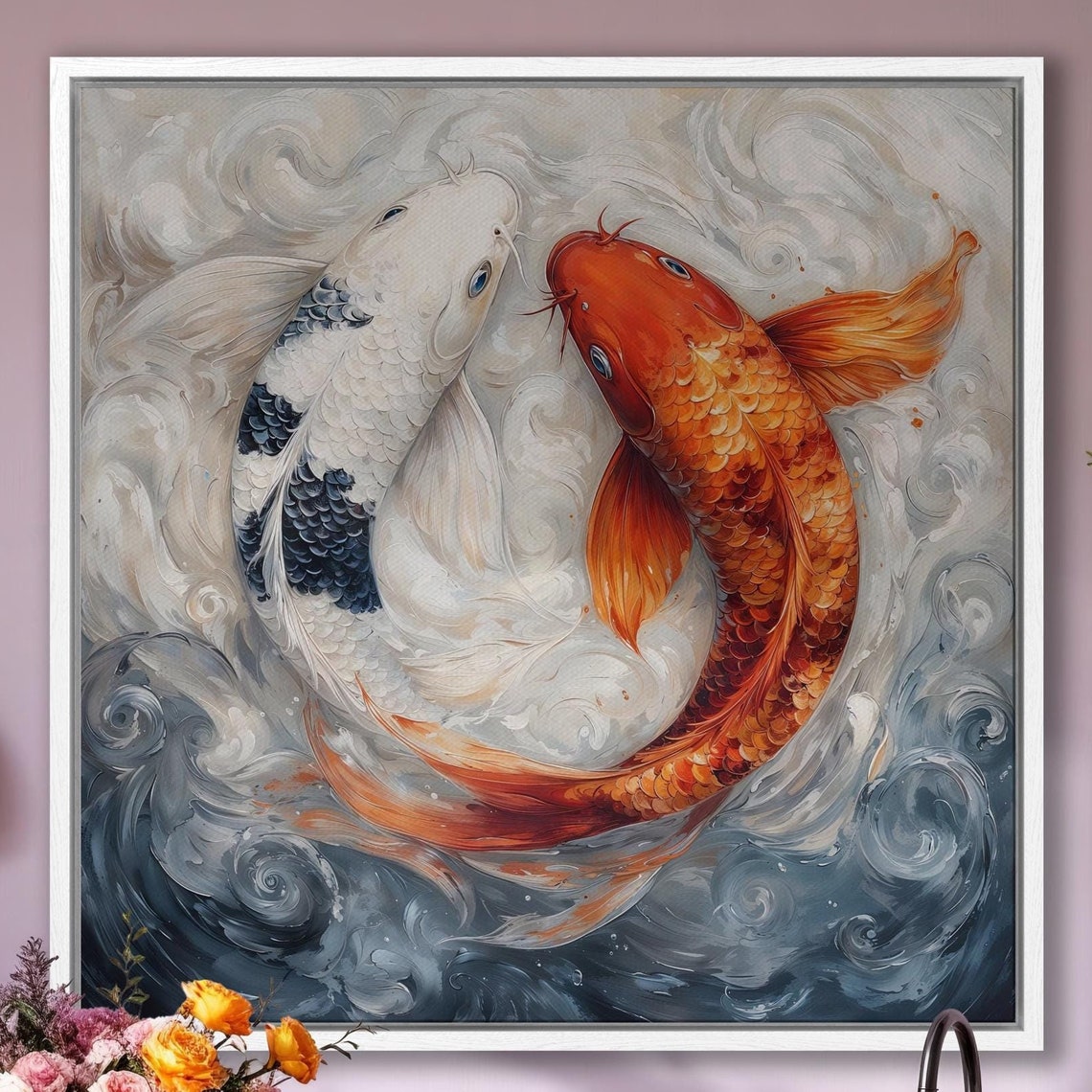 Two Koi Fish in Yin Yang Balance Swirling Water Harmony Art Poster