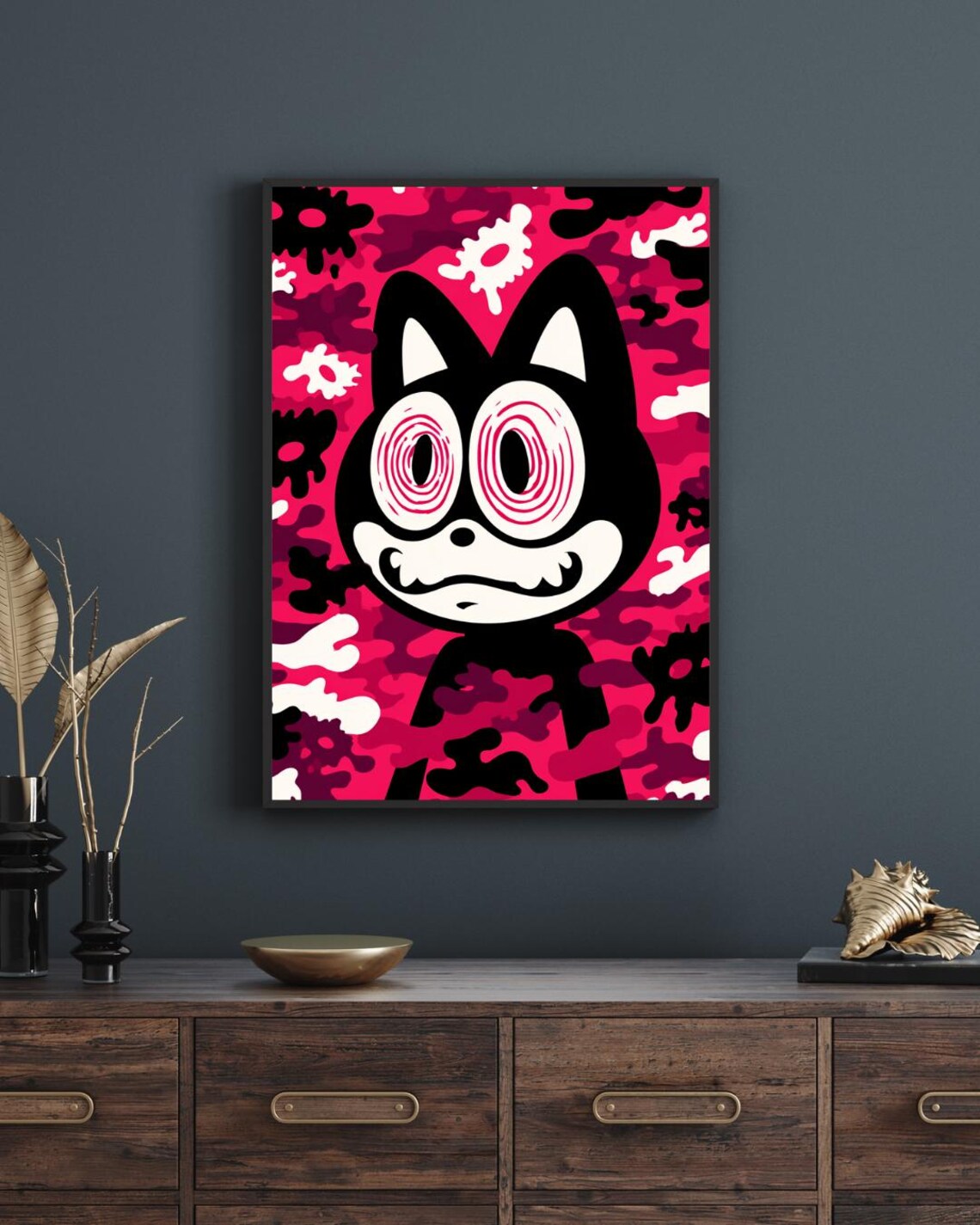 Trippy Cartoon Cat Spiral Eyes Pink Camo Psychedelic Funny Animal Poster