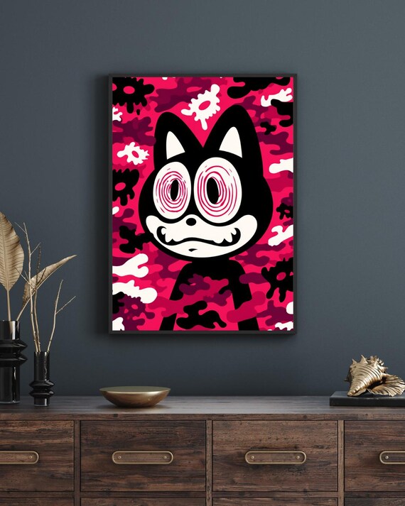 Trippy Cartoon Cat Spiral Eyes Pink Camo Psychedelic Funny Animal Poster