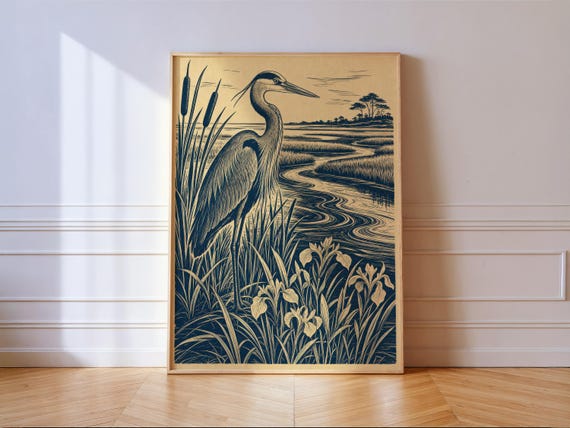 Blue Heron River Print Vintage Marsh Coastal Wall Art Lake House Decor