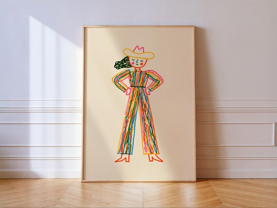 Colorful Cowgirl Print Whimsical Line Art Doodle Western Wall Home Decor