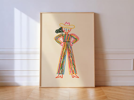Colorful Line Art Cowgirl in Cowboy Hat Western Playful Art Poster
