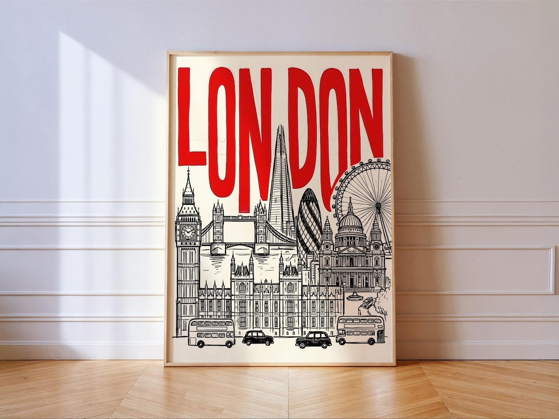 London Red Typography Skyline Travel Poster