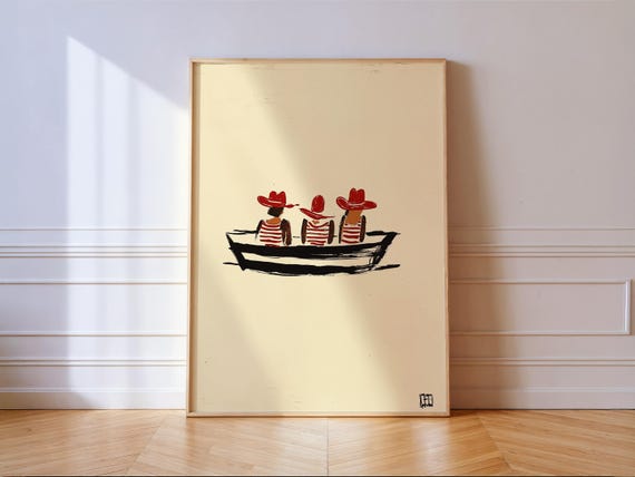 Cowgirls In Boat Nautical Art Print Minimalist Western Coastal Poster