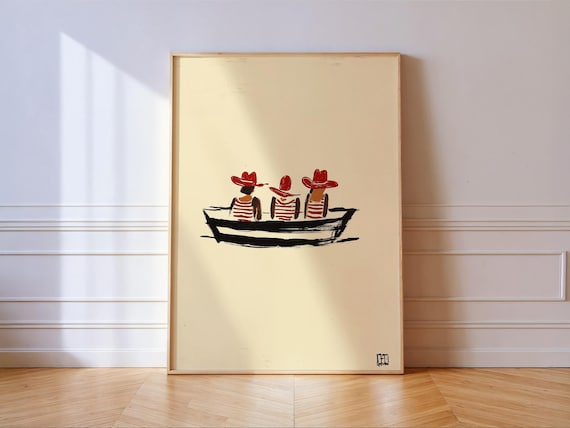 Three Figures Red Cowboy Hats In Boat Minimalist Art Print Style