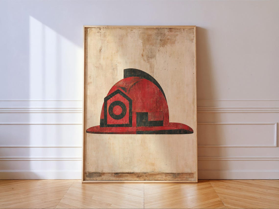 Red Fire Helmet Abstract Folk Art Vintage Firefighter Poster