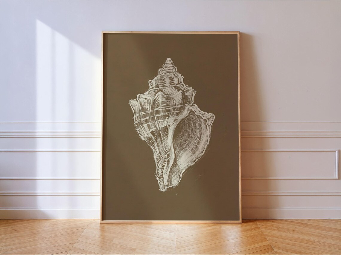 White Conch Seashell Chalk Sketch Art Print