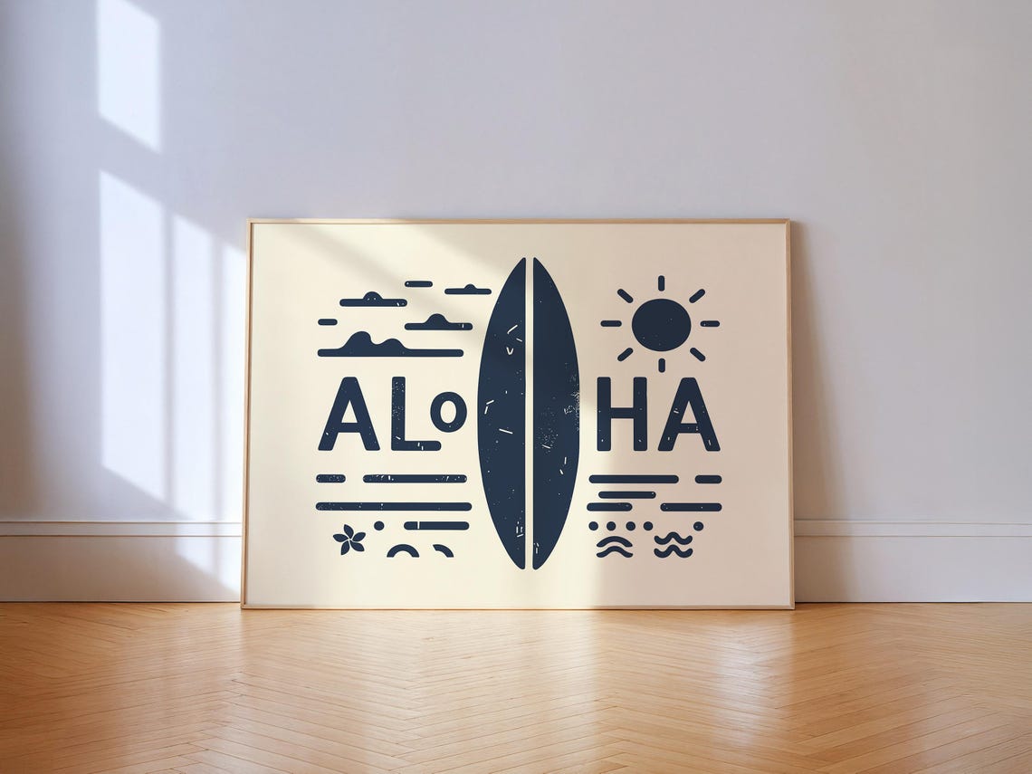 Aloha Surfboard Horizontal Beach Vintage Retro Typography Style Poster