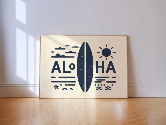 Aloha Surf Typographic Print Navy Surfboard Poster For Coastal Homes