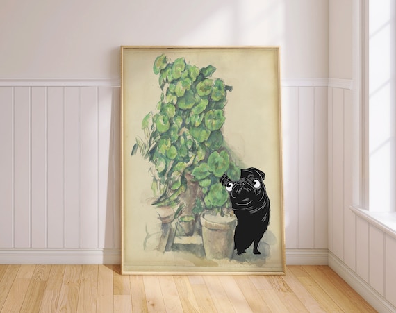 Funny Black Pug Watercolor Potted Plant Modern Botanical Dog Art Poster