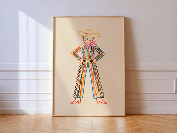Colorful Cowboy Print Whimsical Line Art Doodle Western Wall Home Decor