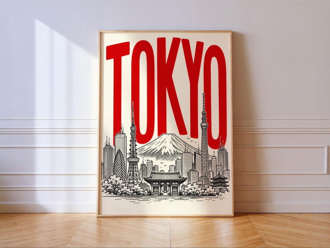 Tokyo Japan Ink Skyline Mount Fuji Bold Red Travel Art Poster