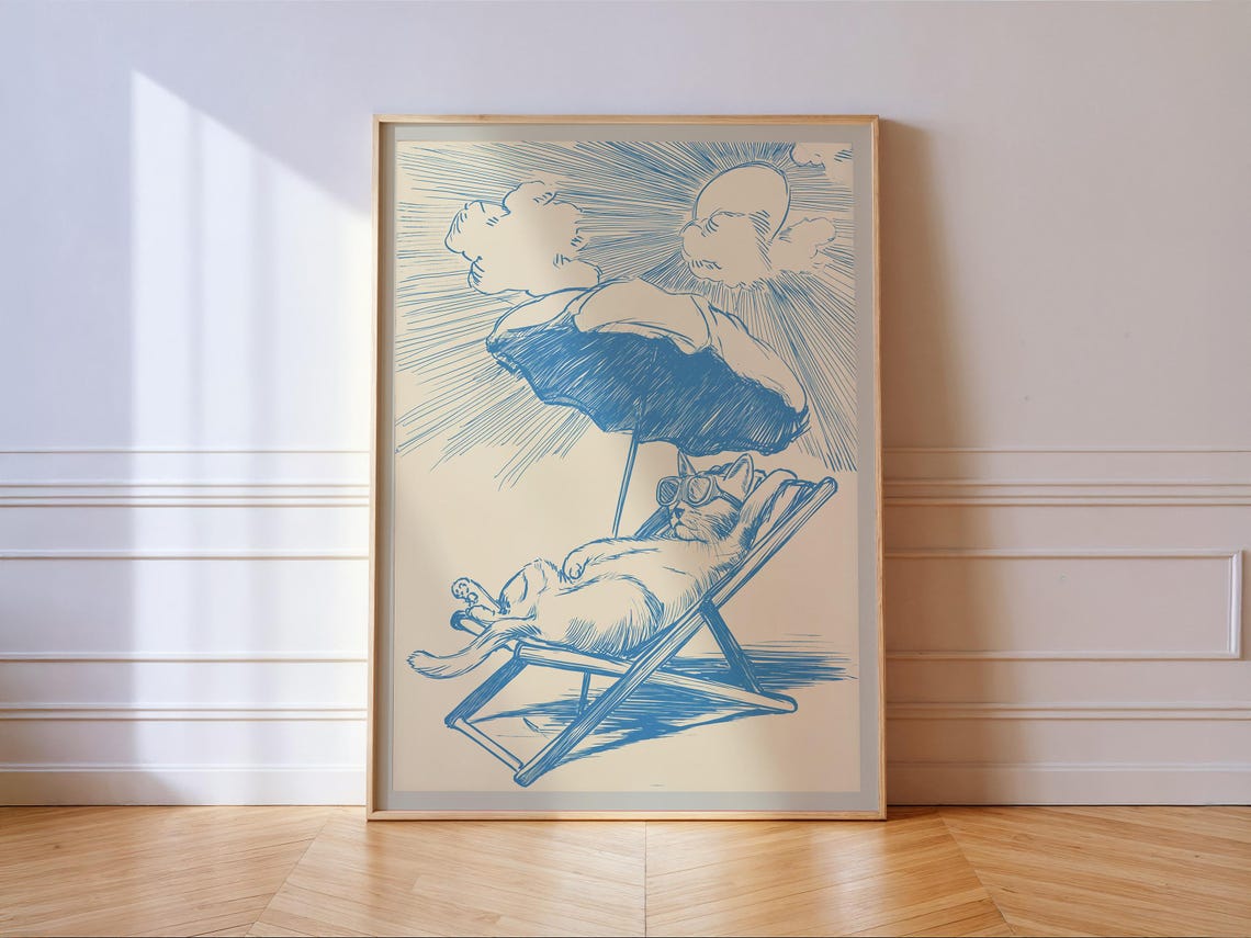 Coastal Cat Sunbathing Sketch Blue Line Art Summer Beach Relax Poster
