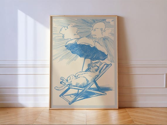 Coastal Cat Sunbathing Summer Poster Blue Beach Wall Art Print