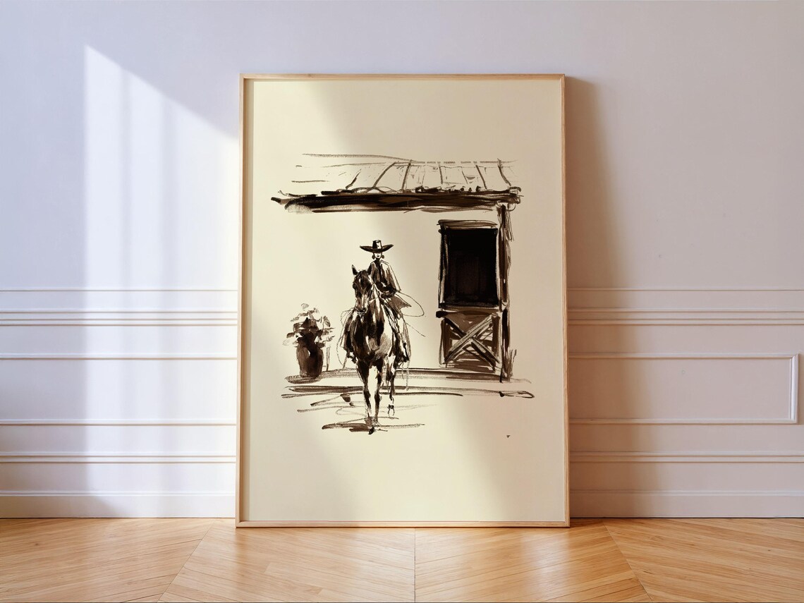 Cowgirl On Horseback At Rustic Cabin Ink Sketch Western Poster